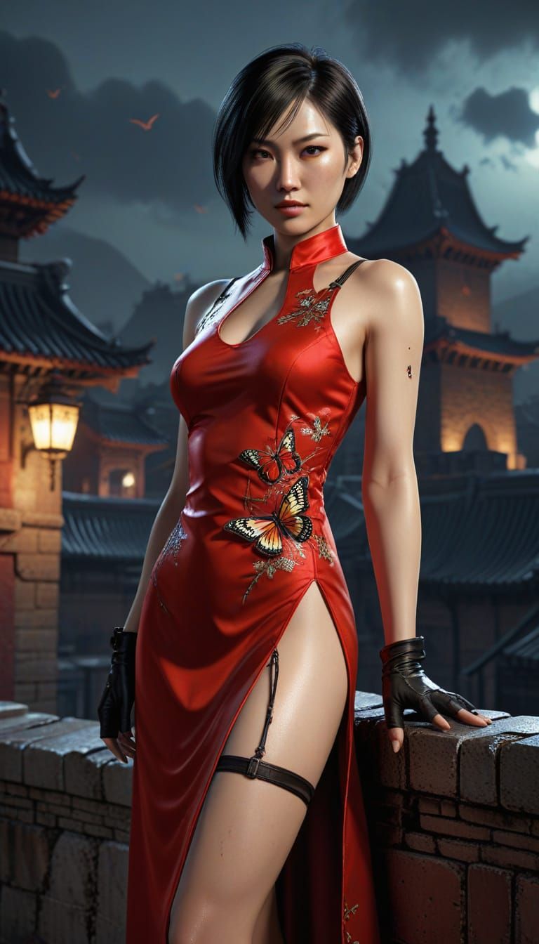 Confident Chinese Beauty in Red Qipao on Rooftop