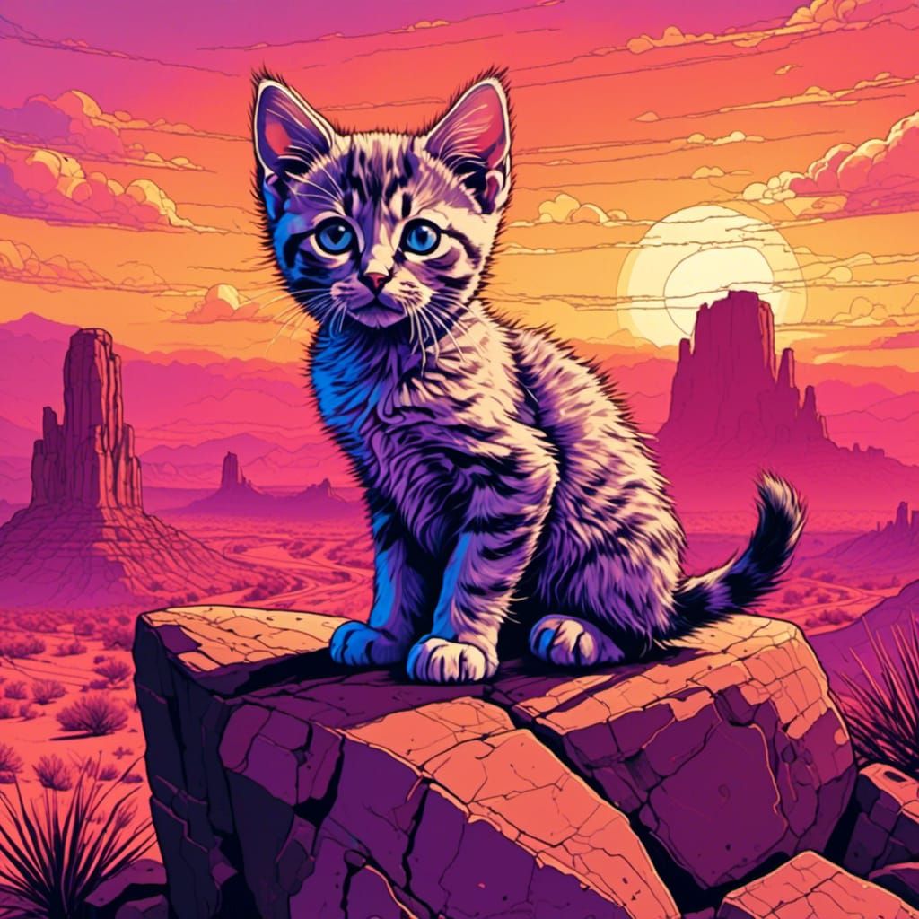 A Grumpy Kitten sitting on a rock, stunning desert sunset. Endless landscape view. <lora:Neon Roast:1.0> 