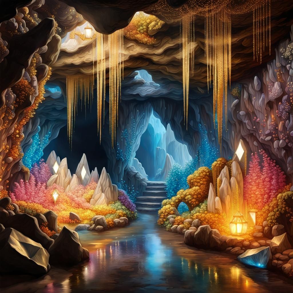 Underground cave with crystal walls,  sparkling gems and gold nuggets,   by @M Scott Foster