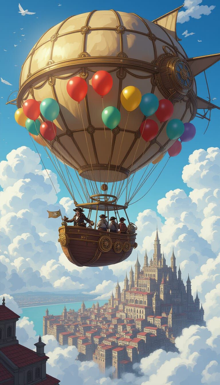 Cool steampunk adventure pirates  flying in an airship suspended by hundreds of balloons with towering clouds overhead, anime majestic port ...