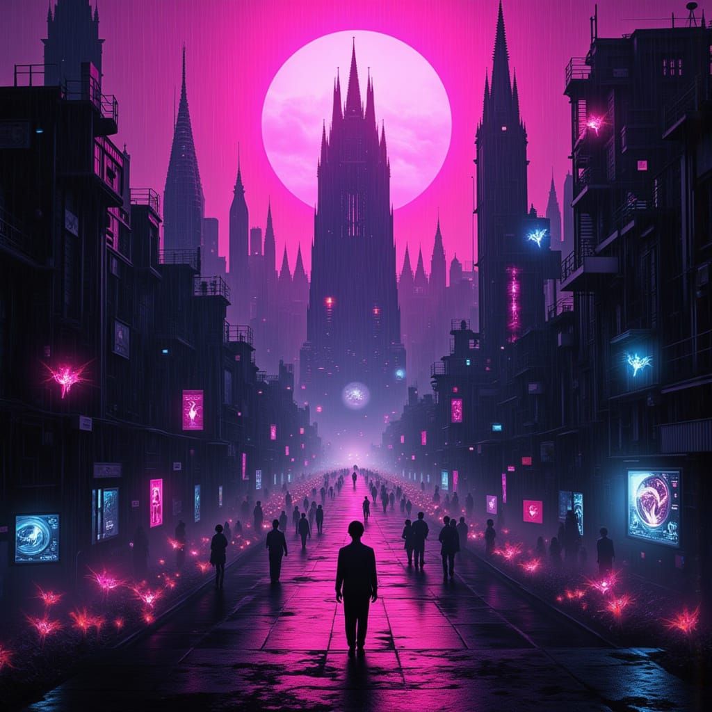 <lora:Wyrd 13:1.0> A sprawling, neon-drenched cyberpunk cityscape viewed from a high vantage point, with towering skyscrapers casting long s...