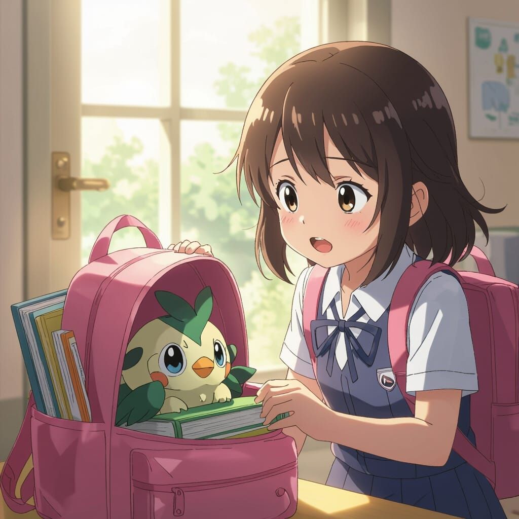 Modern anime style, a close-up shot of the little girl in he...