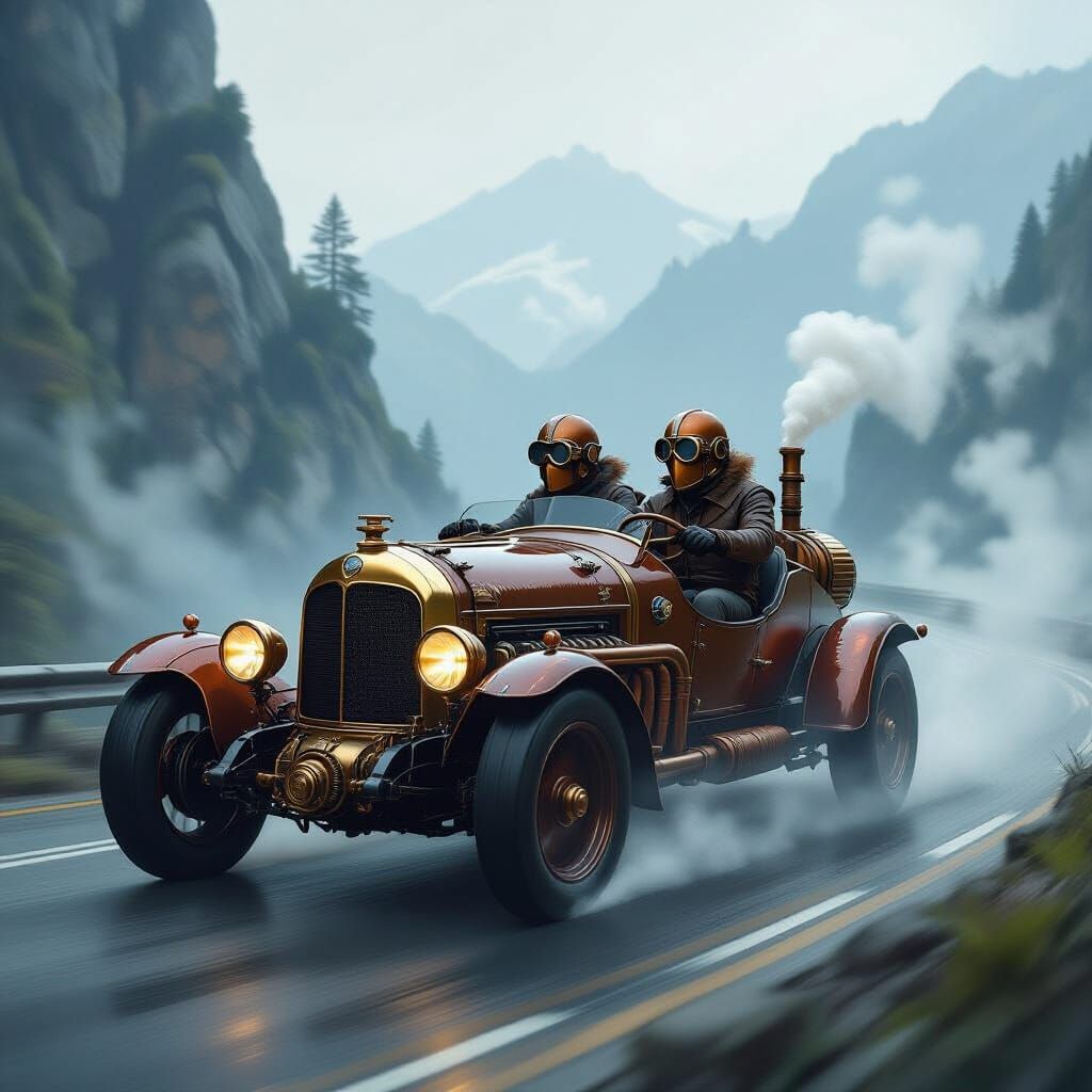 A steampunk fantasy car race through the mountains.   by @Jacqu 