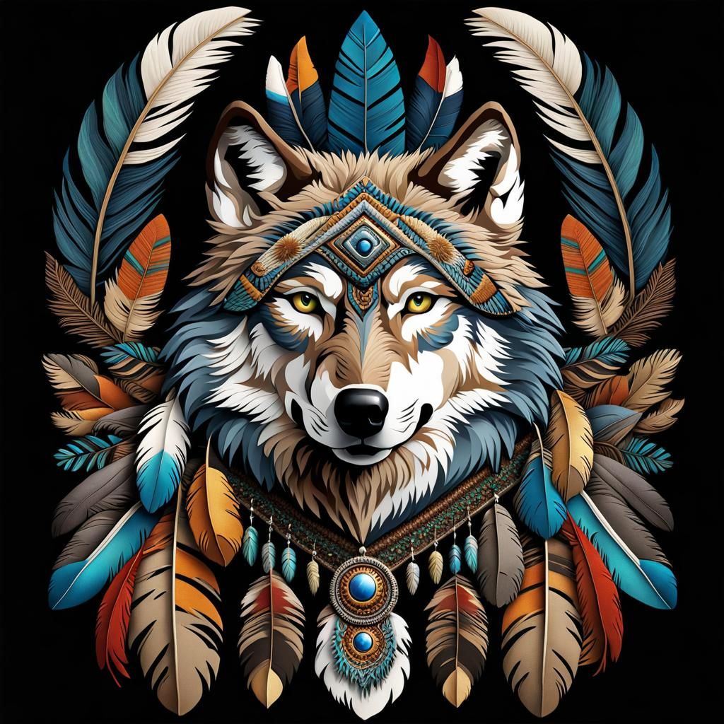 3D Wolf with Aztec Needlepoint Collage
