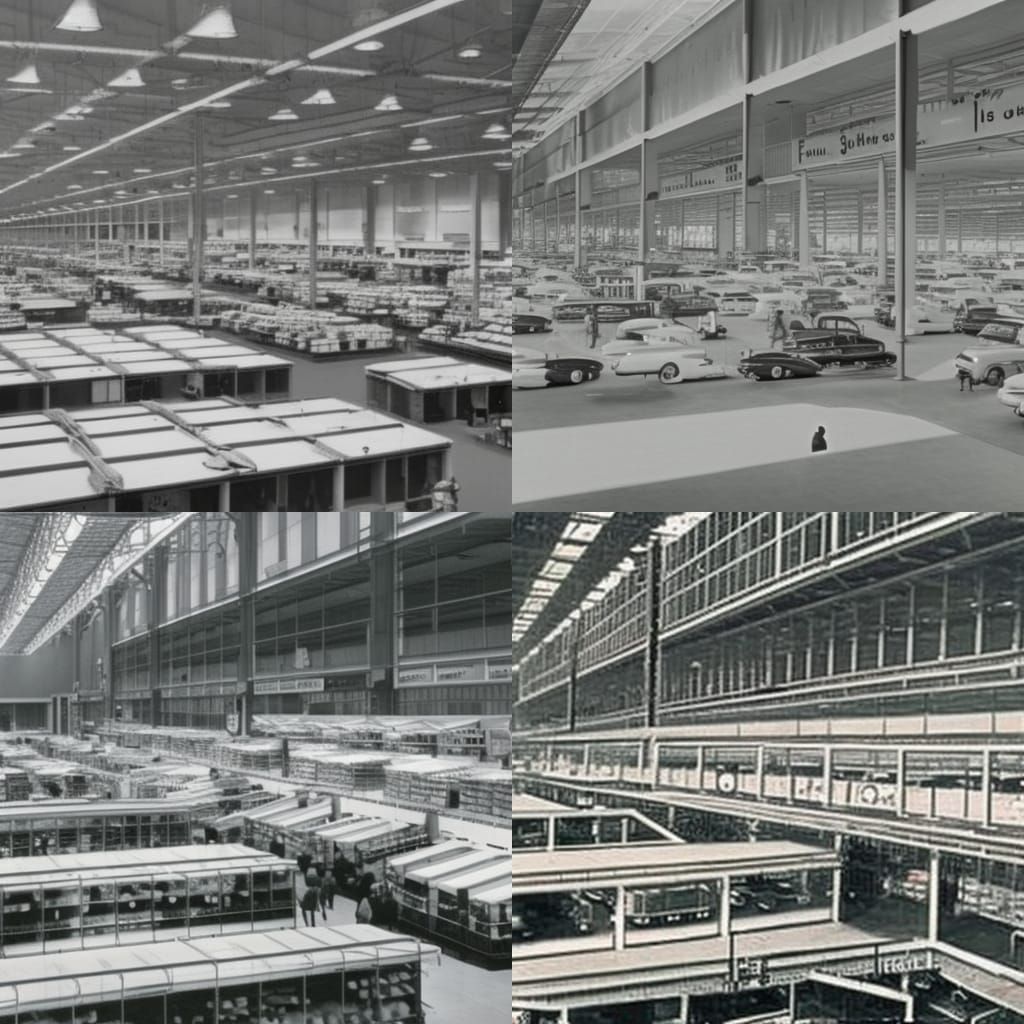 Massive shopping warehouse, 1950s, retrofuturism