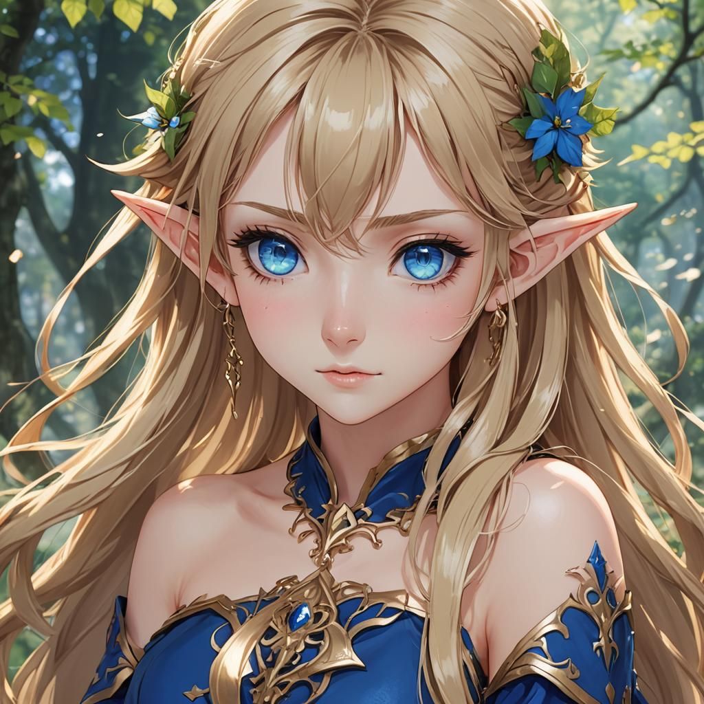 elf girl , dirty blonde hair, blue eyes
anime