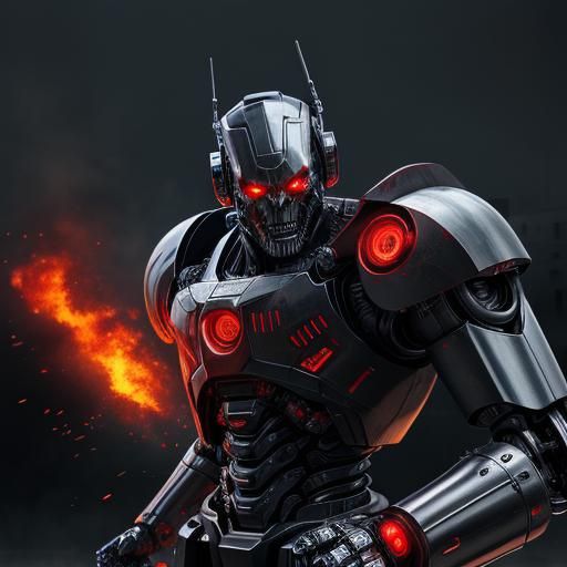 Metallic Mechanical Robot Guy Terminator Red Eyes Black Fire Armor 