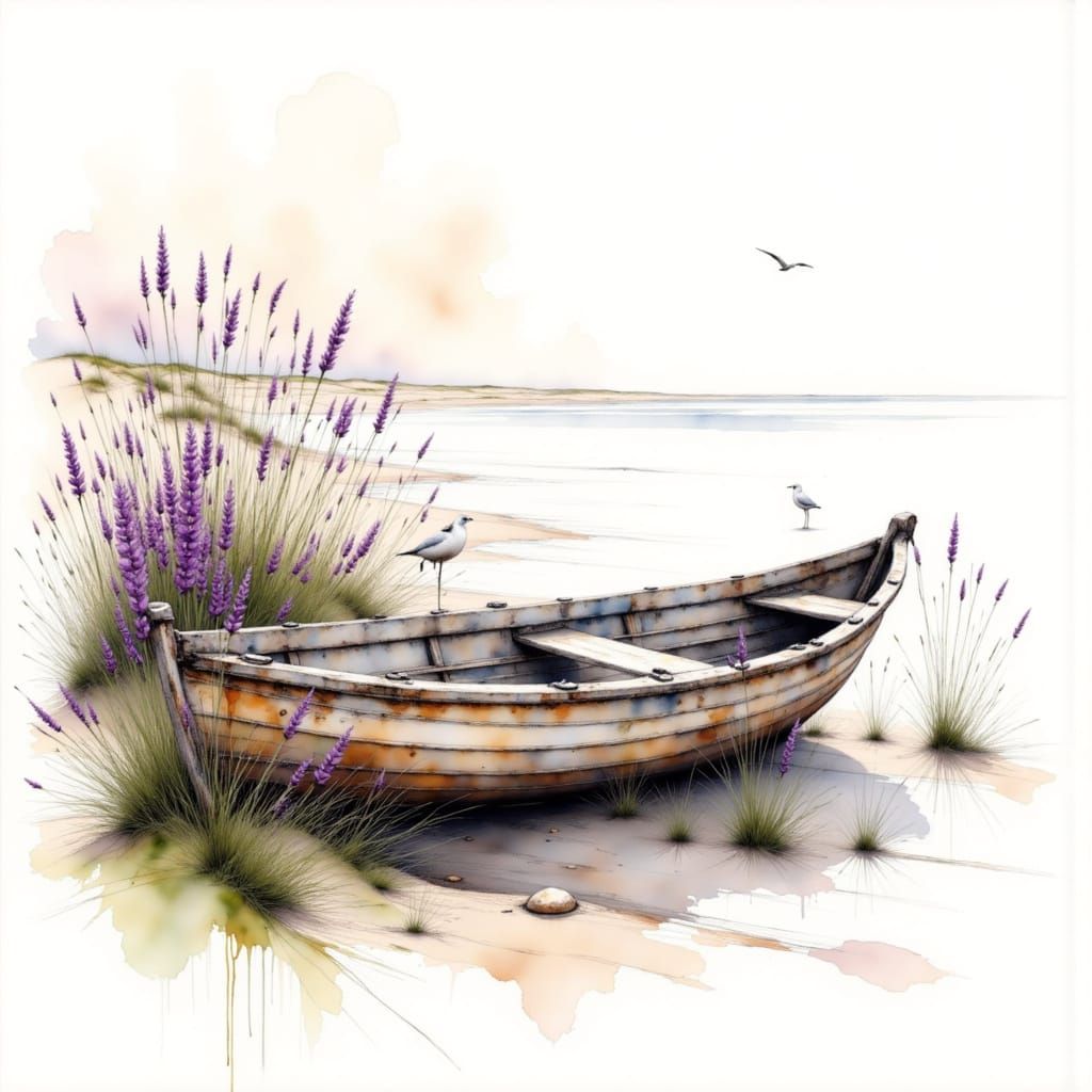 <lora:Watercolor Wash Fade:1.0> left Align full view watercolor wash 
A rustic old row boat with an ore partially buried in the sand with mo...