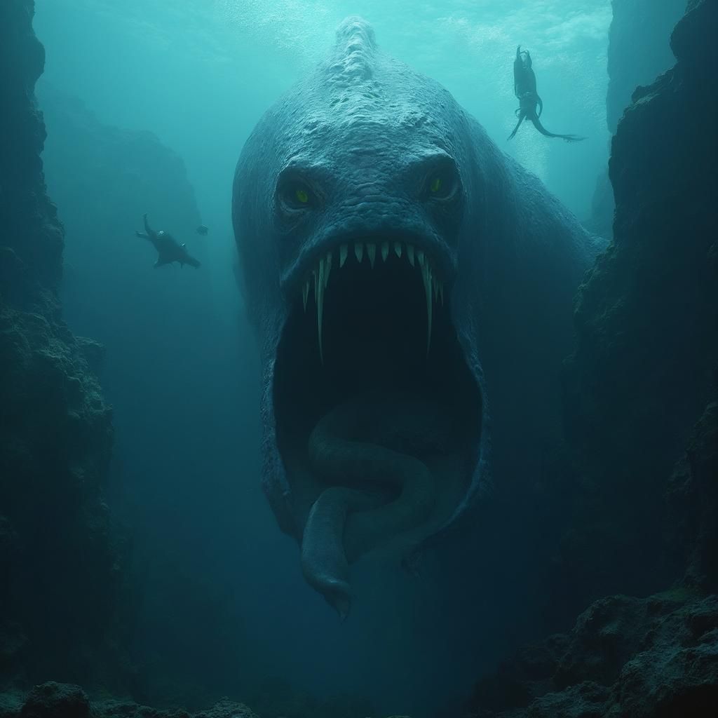 Scary creations of the bloop looking at a Scuba diver