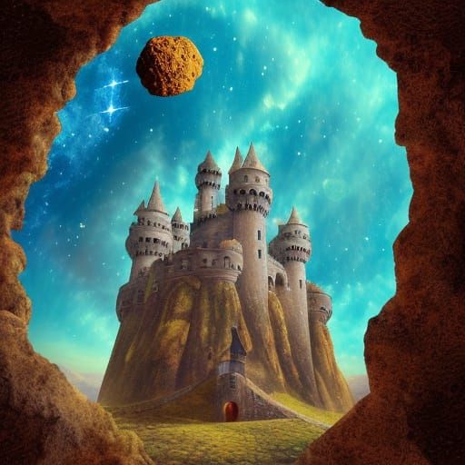 medieval castle on an asteroid lost in space