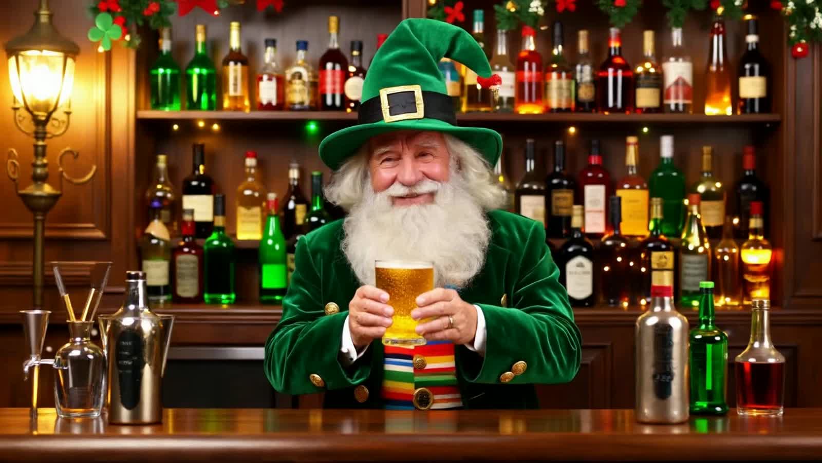 Adorable elderly leprechaun bartender with enormously long flowing red beard and oversized pointed green top hat adorned...