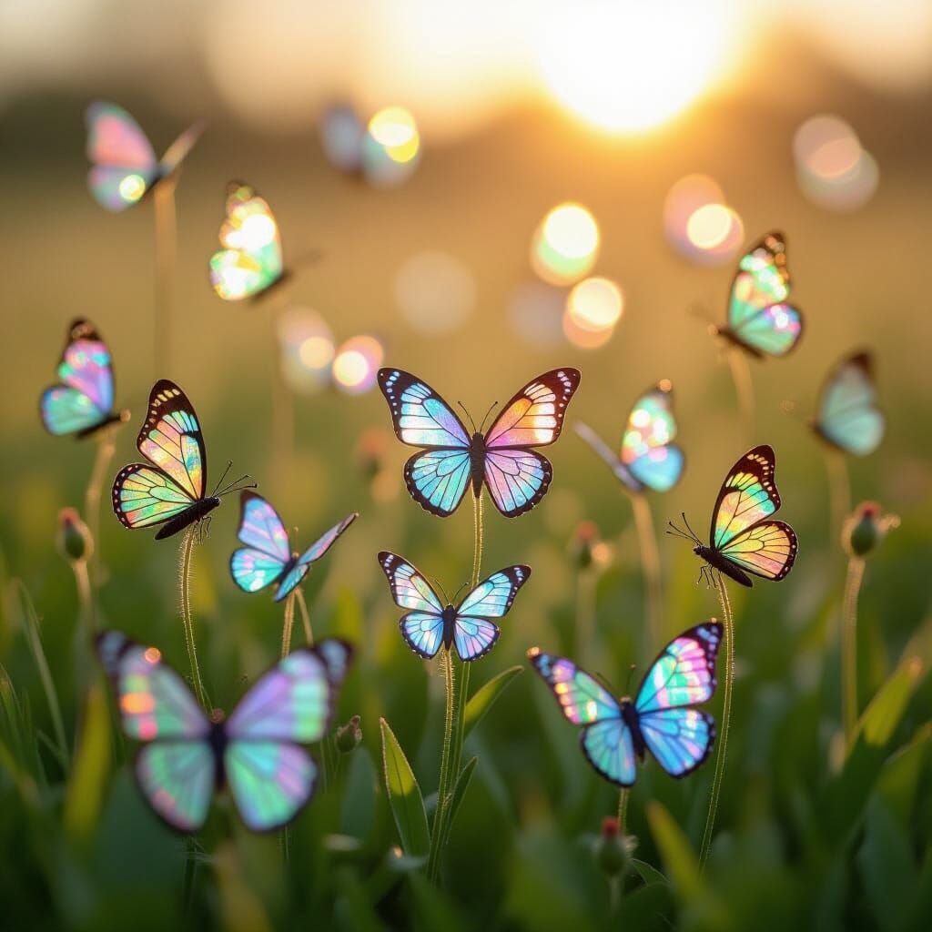 Iridescent Glass Butterflies in Sunlit Meadow