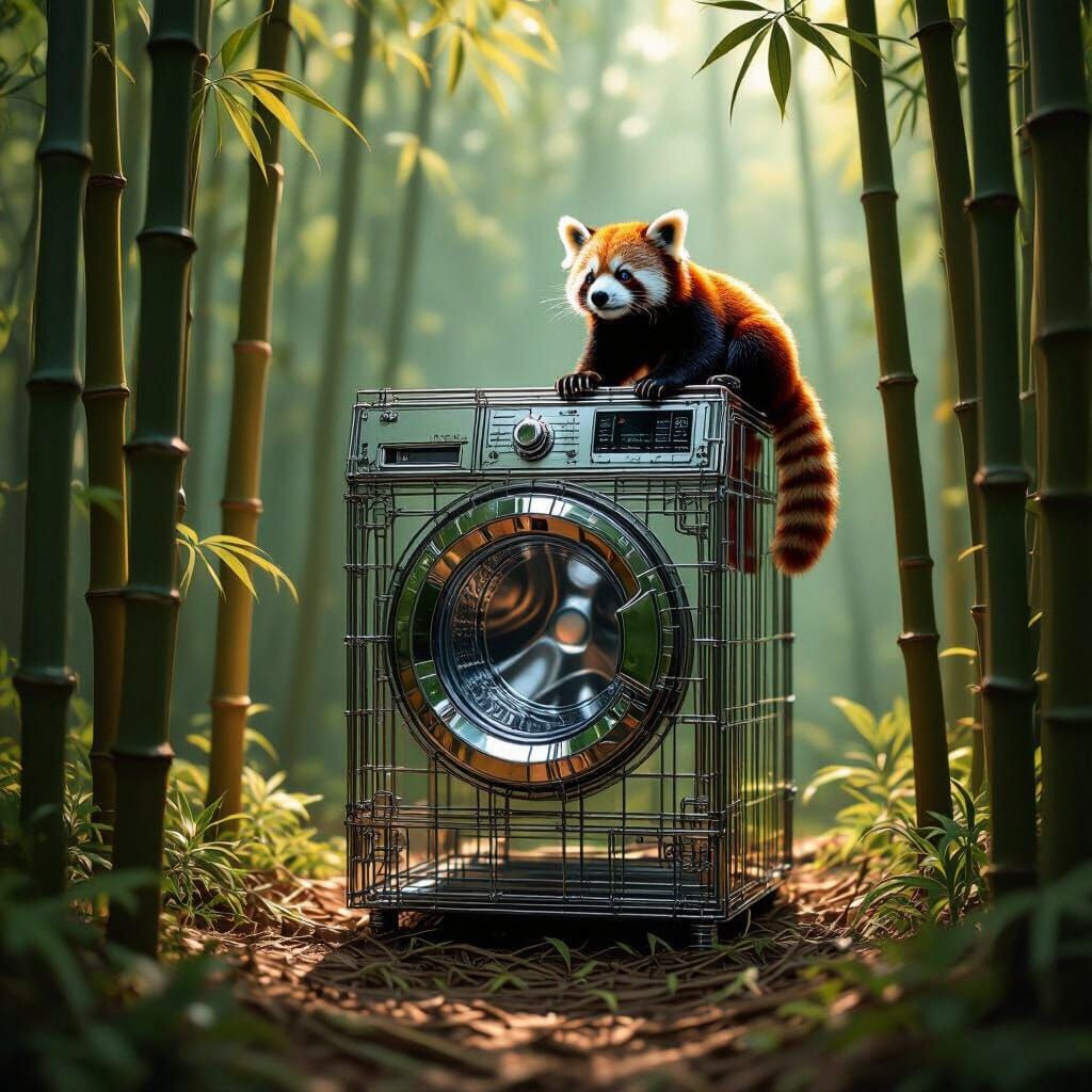 Intricate wire art. A lone washing machine stands in a dense bamboo forest, wires forming the structure of the machine and the surrounding t...