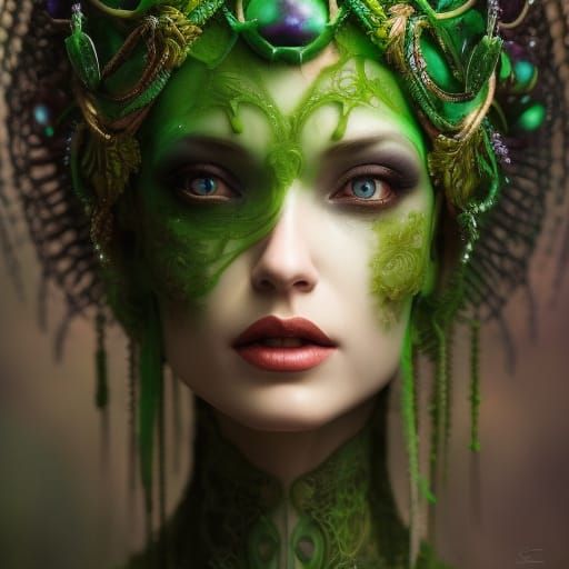 Beautiful Celtic priestess dressed in green velvet dress, in a mystical ...