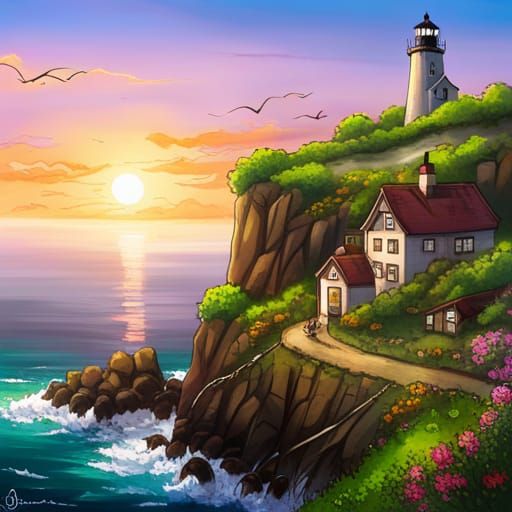 Harbor Sunset From The Lighthouse (Anime Paint) by artvoyager6100 on  DeviantArt