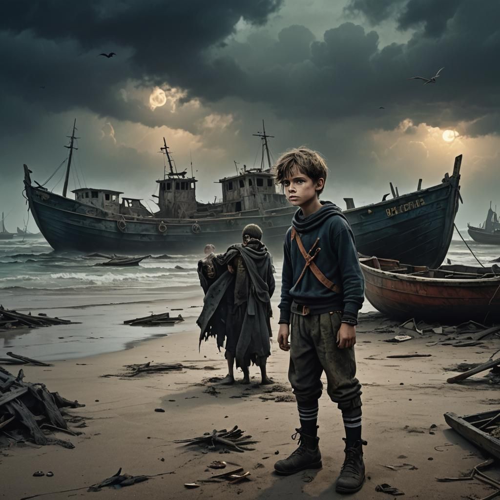 A scene magnificent horror of boat with an european  sailor ...