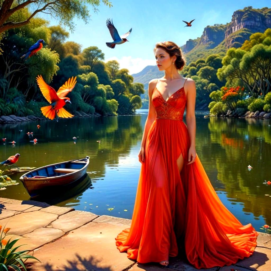 Elegant Woman in Serene Lakeside Scene