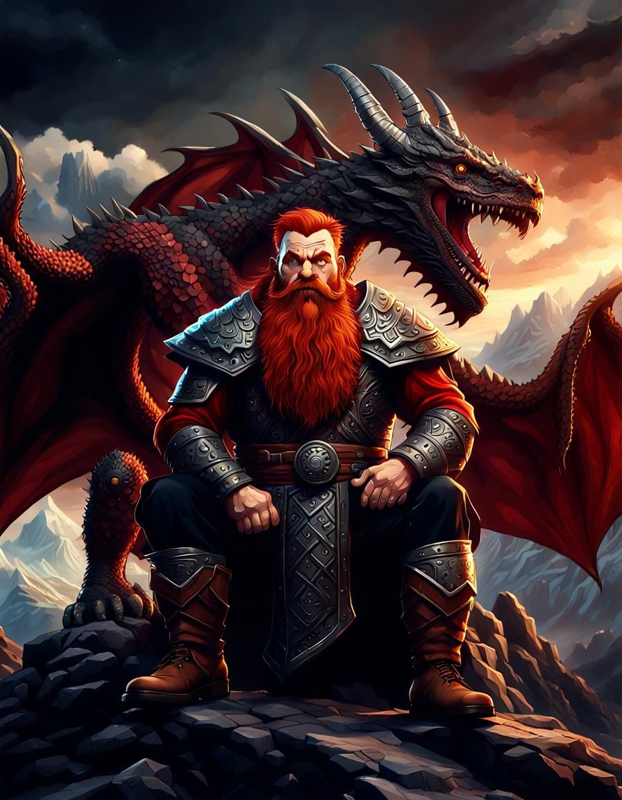 drawf and dragon on a mountain