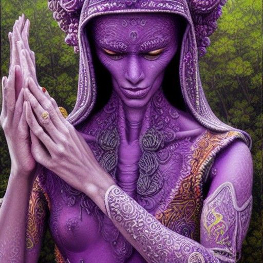 photorealistic, purple alien praying at a temple, female, in...