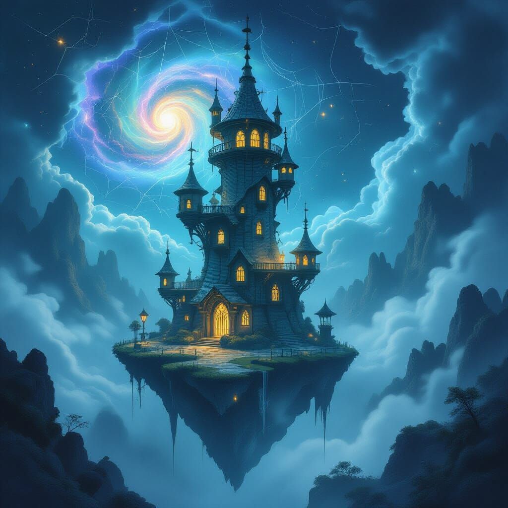 A solitary alchemist's tower, intricately constructed from shimmering spiderwebs, stands precariously on a floating island. Ethereal biolumi...