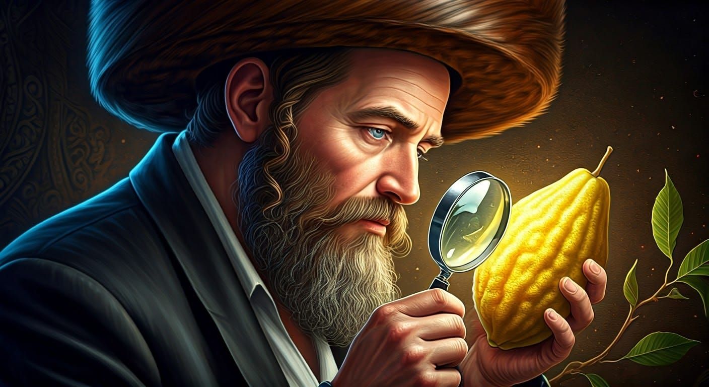 Hasidic Man Examines Etrog in Hyperrealistic Splash Art