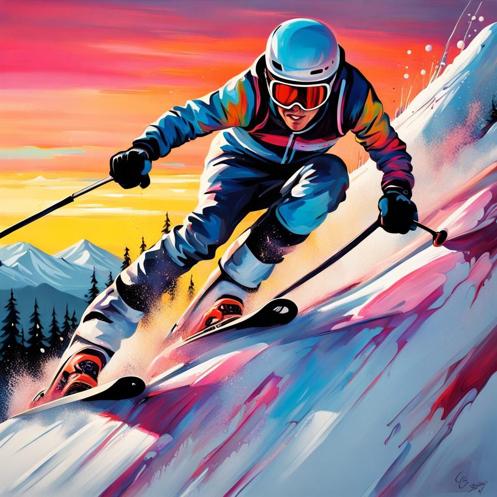 Ski racing down a mountain with a sunset  by @VeganTrekfan