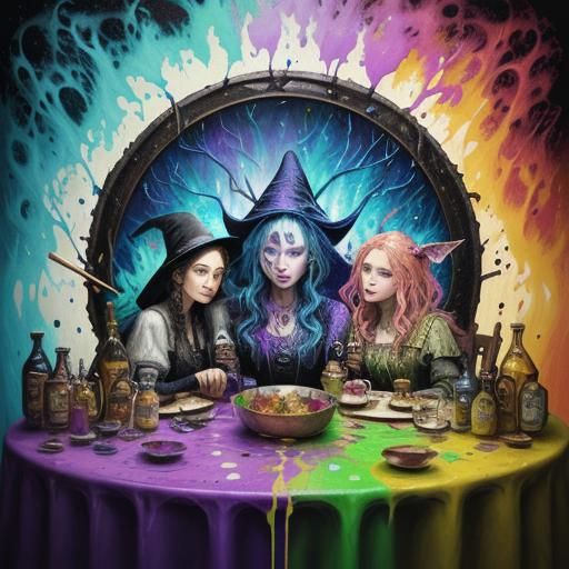 Surreal graffiti art. Medium shot. Three witches working together at a wooden table in a whimsical, dreamlike forest making healing potions....