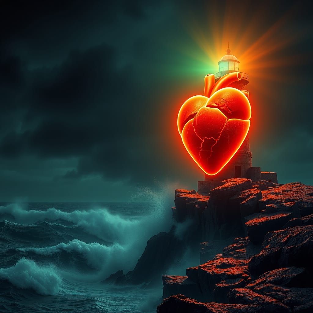 Heart Lighthouse Illuminates Stormy Sea in Dramatic Symbolic...