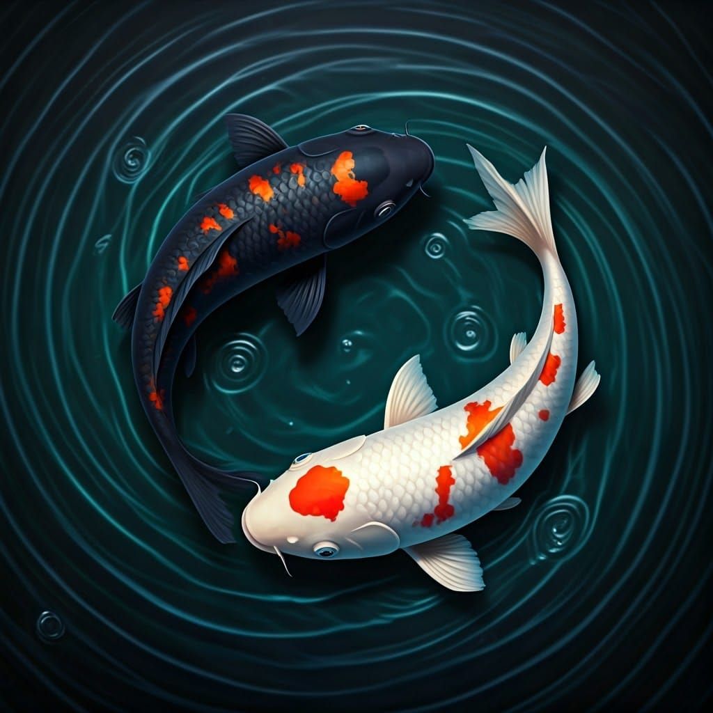 two koi fish, one black and one white circle each other head to tail forming a yin-yang pattern in a ...  by @JMO