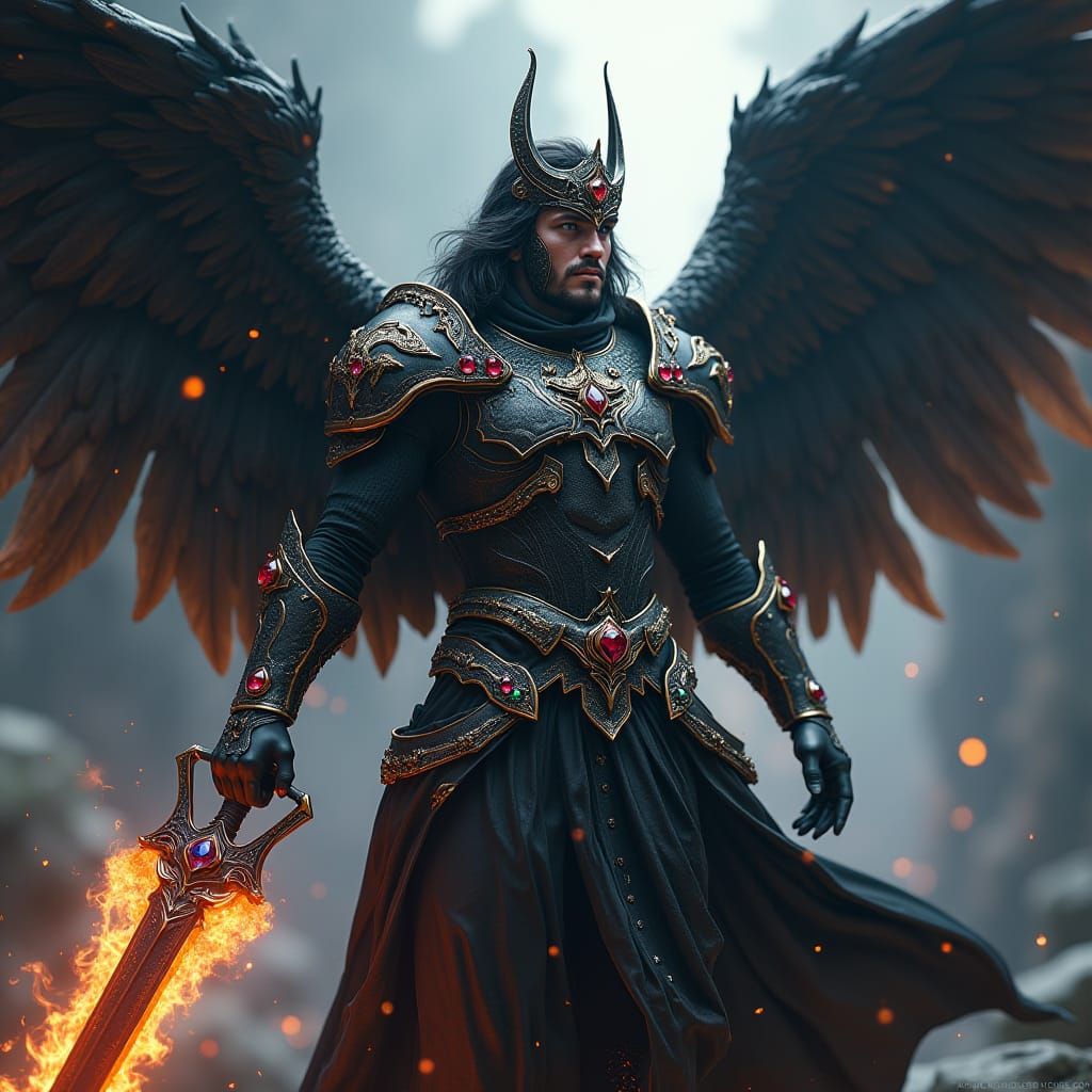A cherubim warrior with black armor adorned with different colored gems and stones. Holding a flaming sword with a black steel blade amd gol...