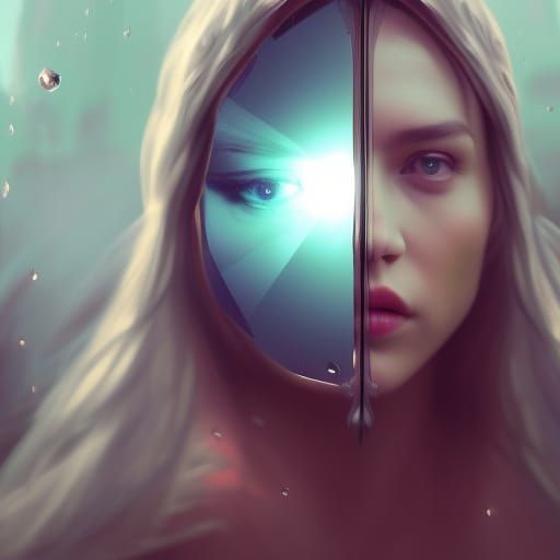 A broken mirror reflecting a woman's face