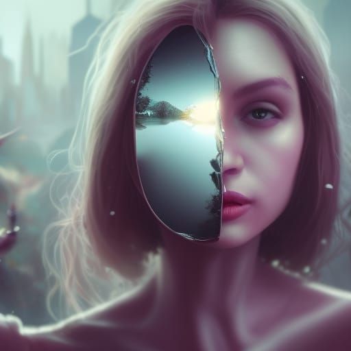 A broken mirror reflecting a woman's face
