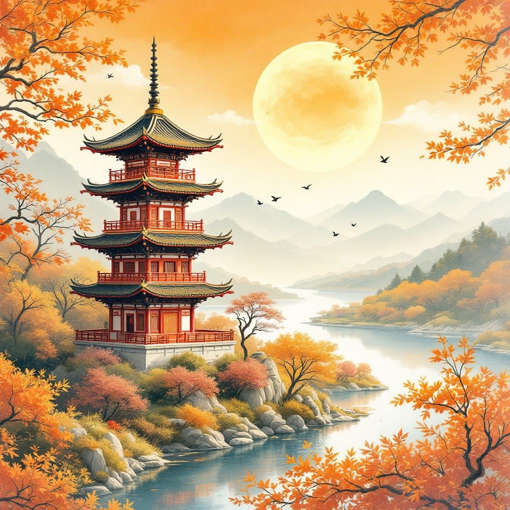 Asian Pagoda Amidst Autumn Foliage in Soft Watercolors