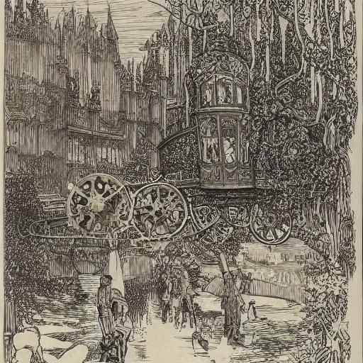 Whimsical and intricate illustration of a fantastical, steam-powered robot-creature in the detailed Victorian-era-style of Arthur Rackham