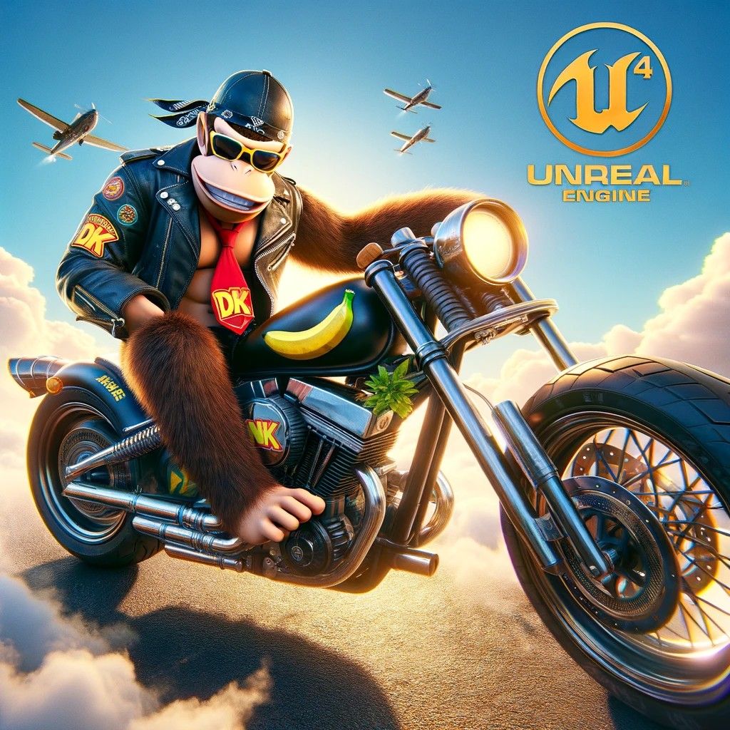 Donkey Kong wearing a biker outfit with a smile and riding a motorcycle with the text 'DK' on it and a banana graphics p...