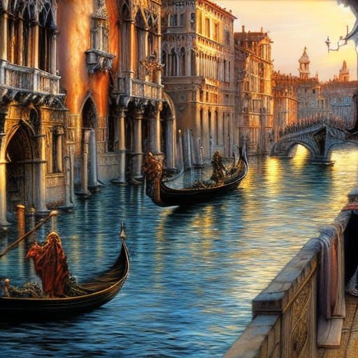 Renaissance venice canal, by arthur Rackham, by Finnian MacM...