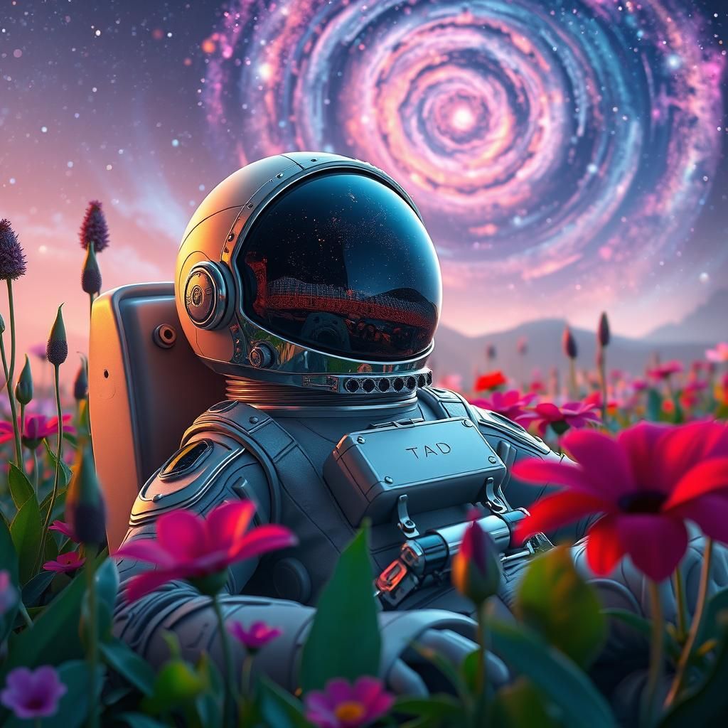 An astronaut lying in a garden of flowers. The universe is r...