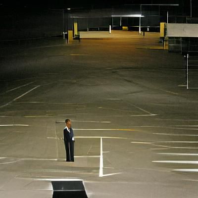 Barack Obama standing alone in an empty parking lot at night