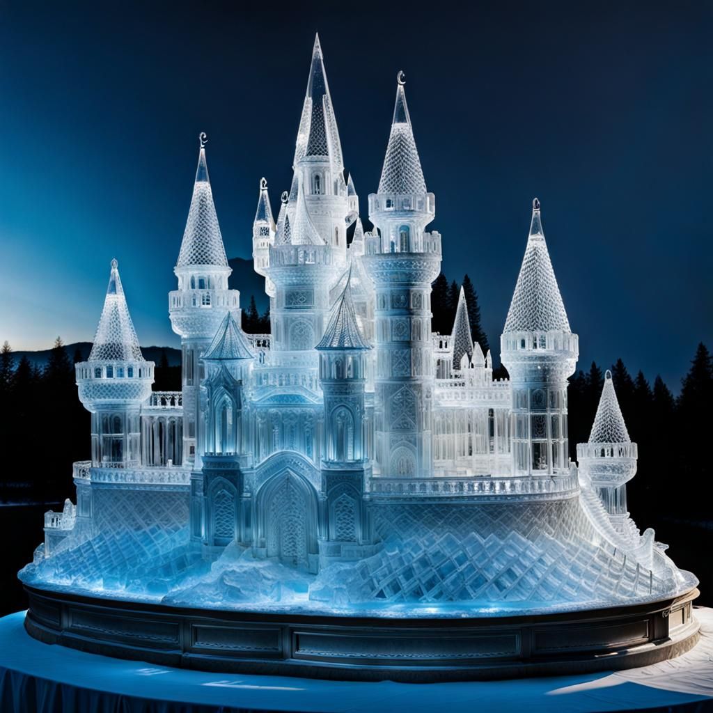 an intricate hand-crafted man made ice sculpture of an elegant castle  by @DecloDee