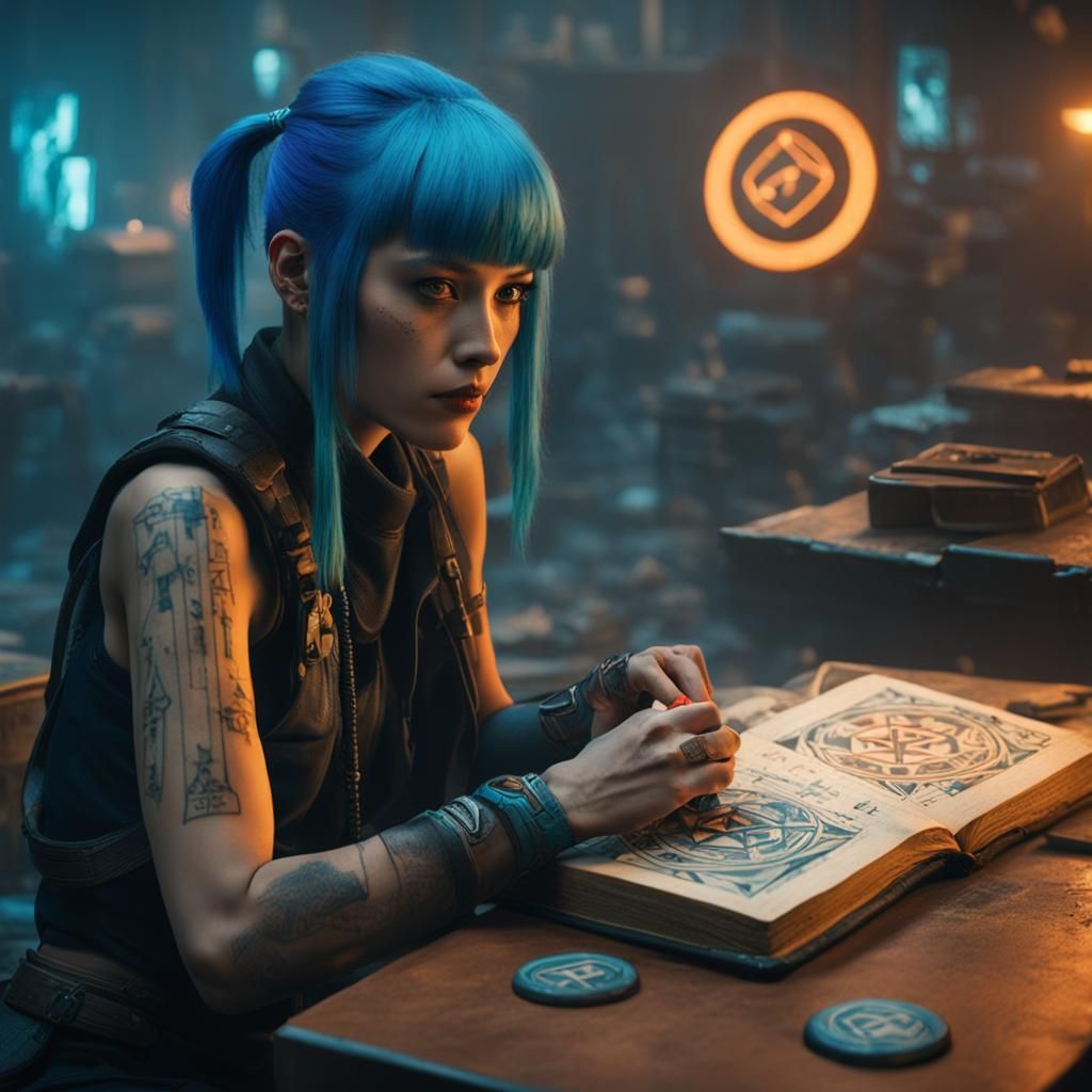 girl with blue hair in ponytail, with ancient book of runes, small ...