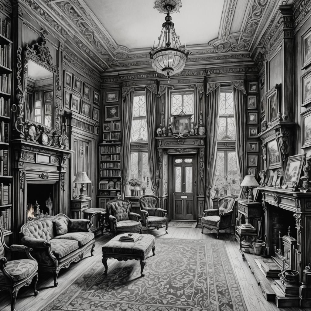 detailed pencil drawing of the interior of a victorian house...