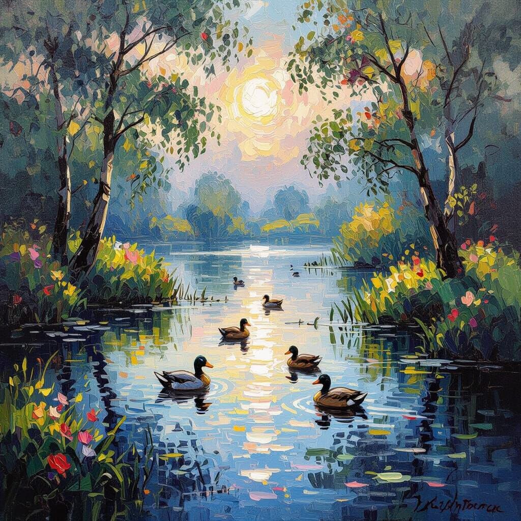 Magical Landscape Oil Painting with Ducks in Impressionist S...