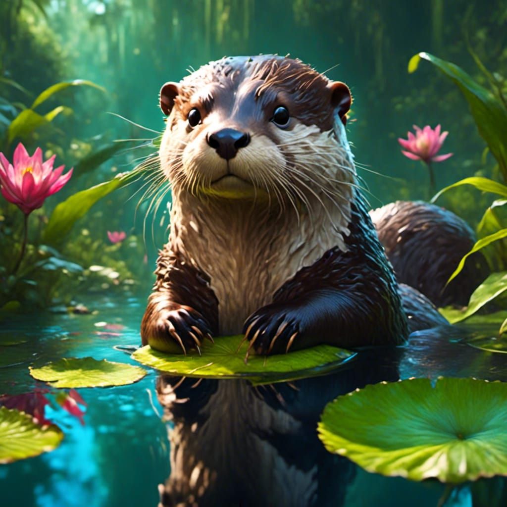 a painting of an otter in a body of water, a digital painting, furry ...