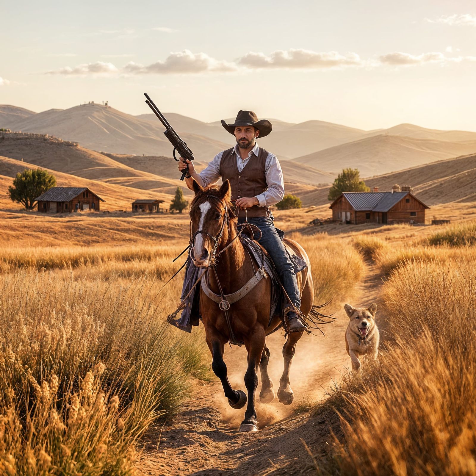 Cowboy Gallops Through California Fields with Dog and Horse