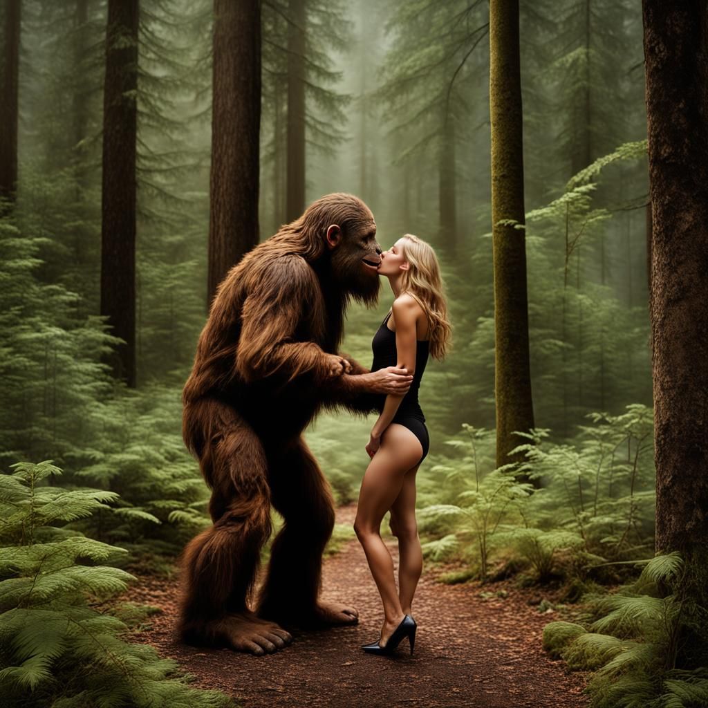 Sasquatch and a beautiful woman kiss in the forest. Hyper re...