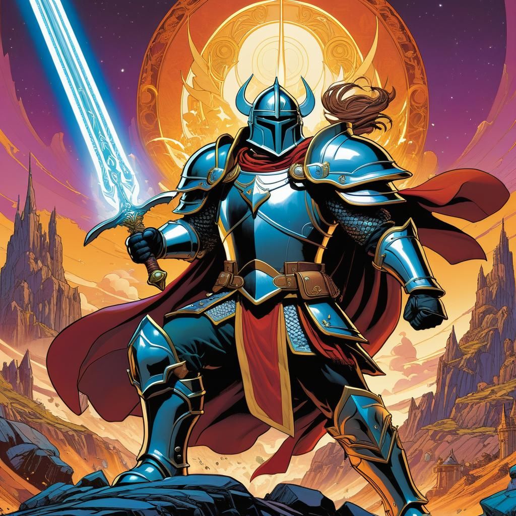 Hyper detailed comic-book cel-shaded illustration masterpiece of a fantasy Paladin in a battle pose, graphic novel style...