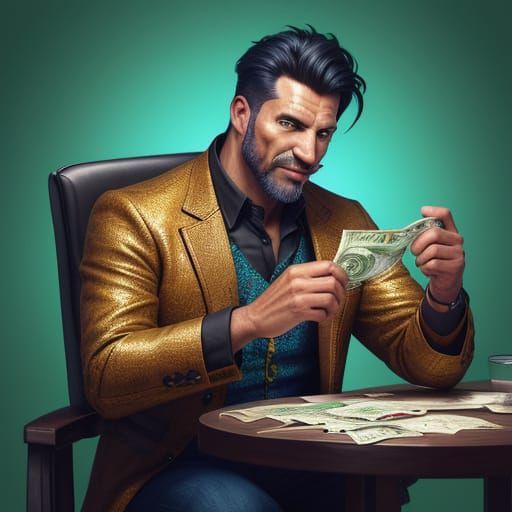 Man Eating Sweets While Money Bag Prints Dollars