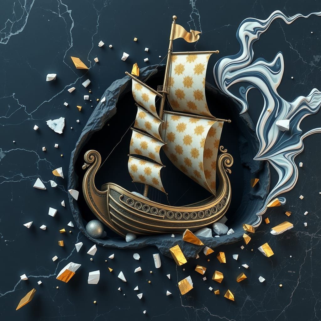 Phoenician Ship Breaks Marble Wall: 3D Digital Art