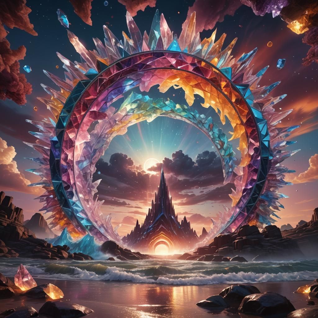 strikingly colorful lumescent crystal waves forming a starga...