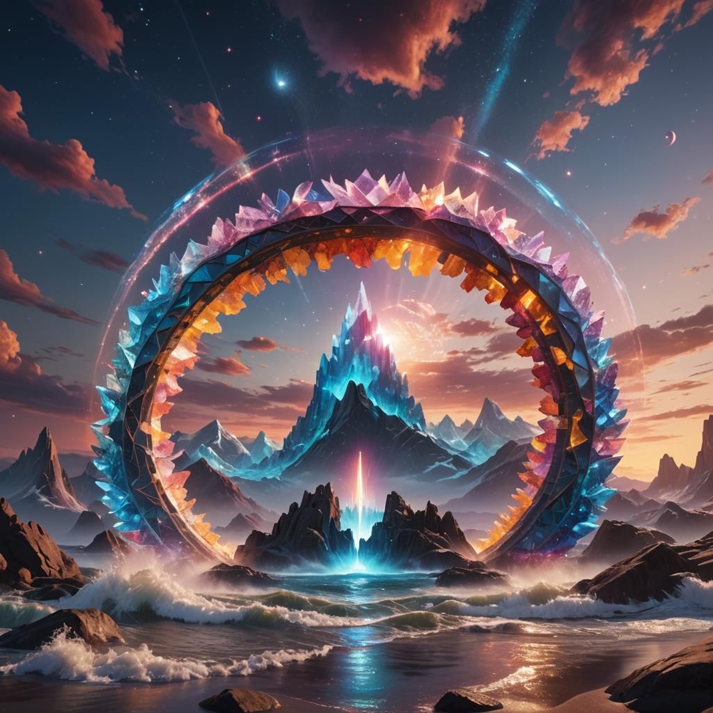 strikingly colorful lumescent crystal waves forming a starga...